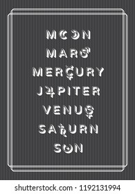 Celestial Objects as Days of the Week Creative Concept Seven Long Shadow Logos with Moon Mars Mercury Jupiter Venus Saturn Sun Lettering and Astrological Signs Symbols Vector Design