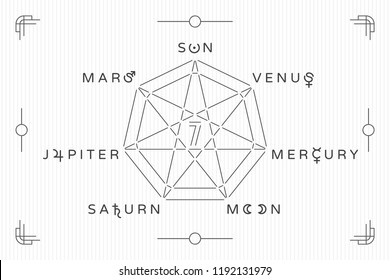 Celestial Objects as Days of the Week Heptagon Seven Trendy Style Logos with Moon Mars Mercury Jupiter Venus Saturn Sun Lettering and Astrological Signs Symbols Vector Design