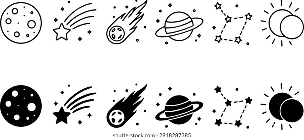 Celestial objects icon set featuring planetary bodies and stellar clusters in minimalist line art style isolated on transparent background