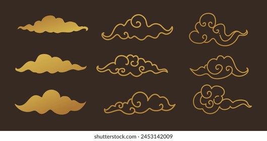 Celestial objects set. Clouds, clouds in Chinese style. Lineart Vector illustration. Mysticism and esoteric