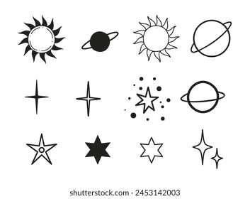 Celestial objects set. Moon, sun, stars, planets, clouds Lineart Vector illustration Mysticism and esoteric