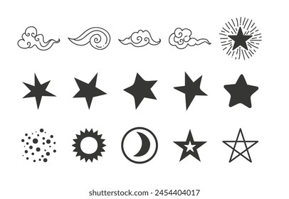 Celestial objects set. Moon, sun, stars, planets, clouds Lineart Vector illustration Mysticism and esoteric