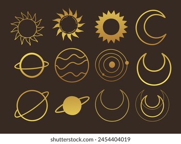 Celestial objects set. Moon, sun, stars, planets, clouds Lineart Vector illustration Mysticism and esoteric