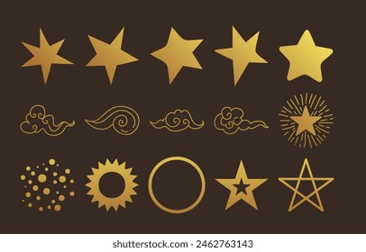 Celestial objects set. Moon, sun, stars, planets, clouds Lineart Vector illustration Mysticism and esoteric