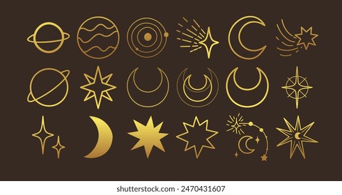 Celestial objects set. Moon, sun, stars, planets, clouds Lineart Vector illustration Mysticism and esoteric