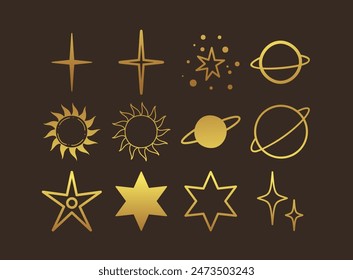 Celestial objects set. Moon, sun, stars, planets, clouds Lineart Vector illustration Mysticism and esoteric