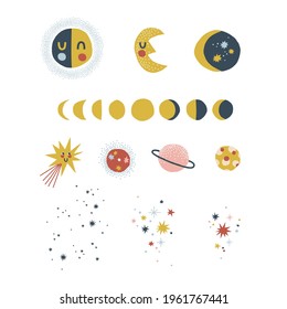 Celestial objects star moon phases crescent comet planet Milky Way vector clip art set. Cosmic starry design elements isolated on white. Childish Scandinavian abstract geometric space shape clip-art. 