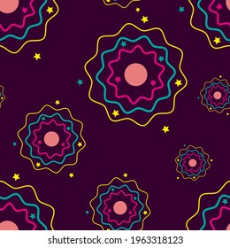 Celestial optical phenomena, northern lights, halo, stars, planets on dark background of space. Seamless vector illustration for design, decoration of banners, books, cards.