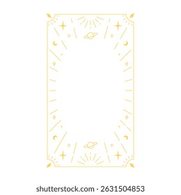 Celestial ornament. Golden Boho line art rectangular frame. Abstract thin line border with crescent moon, planet and stars. Minimal linear space with spiritual symbols. Mystical Tarot vector design