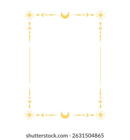 Ornamento celeste. Quadro retangular de arte de linha Boho dourado. Projeto de vetor de tarô. Decoração de borda linear com lua crescente, estrelas cintilantes. Padrão místico mínimo com símbolos espirituais