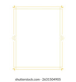 Ornamento celeste. Quadro retangular de arte de linha Boho dourado. Decoração de borda de linha fina dupla com lua crescente. Mínimo místico padrão vetorial linear com símbolos espirituais. Design de tarô de astrologia