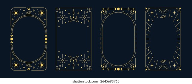Ornamento celestial para conjunto de vetor de design de cartão de tarô. Quadros retangulares de arte de linha Boho dourada. Decoração de borda de linha fina com lua crescente, estrelas, raios de sol. Mínimo místico linear símbolos espirituais