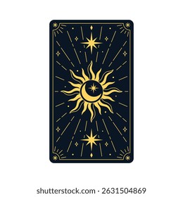 Celestial ornament tarot card vector design. Golden Boho line art rectangular frame. Thin line decoration with crescent moon, sun rays and stars. Mystical linear space spiritual symbols