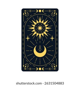 Projeto de vetor de tarô de ornamento celestial. Arte de linha Boho dourada em quadro retangular preto. Decoração de linha fina com lua crescente, estrelas, sol e setas. Símbolos de espaço espiritual místico mínimo
