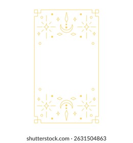 Celestial ornament. Tarot vector design. Golden Boho line art rectangular frame. Thin line border decoration with crescent moon and sparkle stars. Minimal mystical linear spiritual symbols