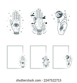 Celestial  palmistry hands and mystical rectangular frames set. Hand drawn vector illustration for witchcraft, magic shop, tattoo, greeting cards and invitations.