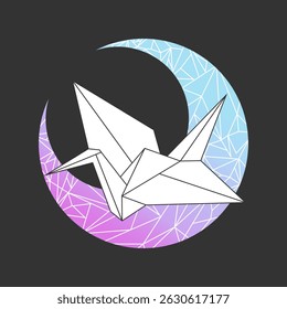 Papel celestial grúa origami en cristal luna creciente. Pájaro de papel de neón volador. Ilustración vectorial