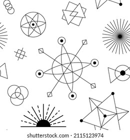 Celestial pattern background. Seamless sacred astrology texture with sun, moon and black cosmic geometric shapes
