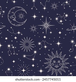 Patrón celeste, textura de la constelación. Estrella del zodiaco, astrología, luna mágica. Impresión de fondo sin fisuras. Sun vintage, círculo de brujería. Decoración textil, envoltura, diseño de Fondo de pantalla Vector galaxia esotérica