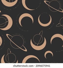 Celestial pattern repeat with moon and planet illustrations in dark background. Vector illustration surface design for yoga, spiritual, coaches, tarot and universe lovers.