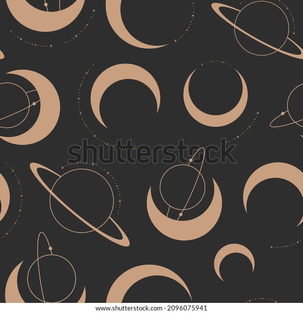 Celestial pattern\
repeat with moon and planet illustrations in dark background.\
Vector illustration surface design for yoga, spiritual, coaches,\
tarot and universe\
lovers.