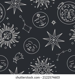 Celestial pattern. Seamless print of astrology spiritual symbols, sun, moon, stars. Vector texture
