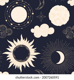 Celestial pattern. Vector seamless background. Hand drawing. Pattern for design of fabrics, wallpaper, packaging, home textiles. For printing and surface design