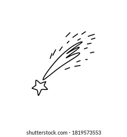 Celestial phenomena. Shooting star contour sparkling tail. Hand drawn  shining comet flies down from space. Vector stock isolated illustration.