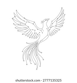 Celestial phoenix bird with stardust lines. Elegant flying creature outline. Astral sky map with stars and dots design.