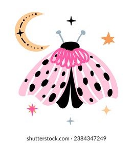 Celestial pink moth. Mystical luna moth with moon. Magic insect on white background. Vector illustration.