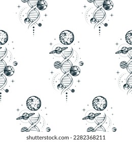  Celestial planets, moon, stars and dna. Hand drawn mystical seamless pattern. Vector illustration for background, textile, texture and wrapping paper.