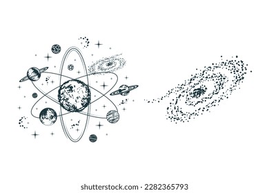 Planetas celestes, sistema solar, galaxia y estrellas. Dos ilustraciones místicas de vector dibujadas a mano aisladas en fondo blanco para afiches, tarjetas, diseño de camisetas y tatuajes.