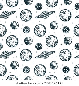 Celestial planets and stars. Hand drawn space seamless pattern. Vector illustration for background, textile, texture and wrapping paper.