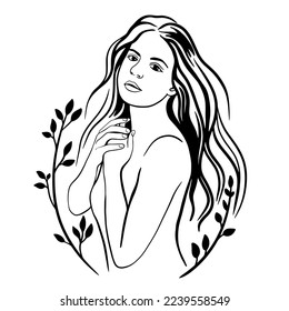 Celestial portrait of lady girl with body and lush long hair. vegetative frame and floral elements. Vector hand drawn illustration in boho style, black and white line.