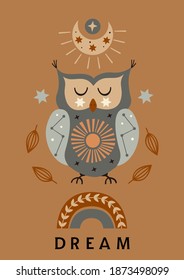 celestial poster with owl, moon, rainbow