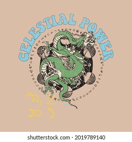 Celestial power slogan print with Cosmic objects and Dragon. Fashion and other uses celestial slogan tee print for women and mens collection.