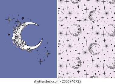 Celestial print, Flower Moon and stars, vector pattern