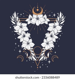 Celestial print with line flowers and moon phases. Mystic herbs print with triangle background for t-shirt, notebook cover, card, brand packaging. Vector monochrome butterfly illustration