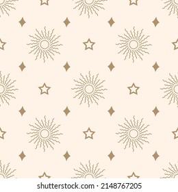 Celestial print, sun vector pattern, golden background with stars, seamless repeat background