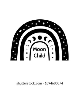 Celestial rainbow. Boho rainbow shape. Moon Child isolated element. Moon phase. Black color. Sweet vector illustration. Cute night baby logo. Baby rainbow silhouette.