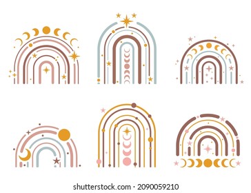 Celestial rainbow with moon phases and stars. Pastel rainbow set. Yellow and pink vector illustration