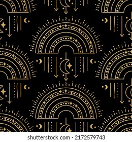 Himmelsregenbogen nahtlose mystische Muster. Boho mystisches Print-Design mit Mond und Sternen auf schwarzem Hintergrund. Moderne Einrichtung. Trendige Textur für Druck, Textilien, Verpackung, Software