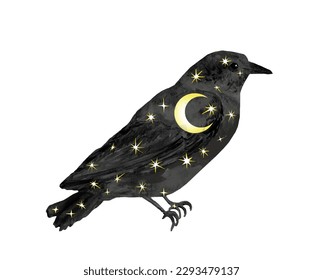 Celestial raven with space inside. Night stars and moon. Watercolor vector black bird  with black sky in cosmos. Fantasy design element