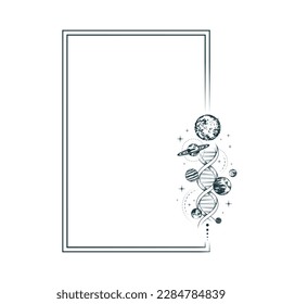 Celestial rectangular frame with planets, stars and dna. Mystical border for witchcraft, greeting cards and invitations. Hand drawn vector illustration in boho style.