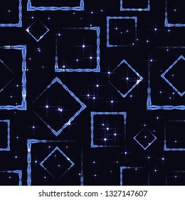 Celestial rhombuses and squares at the intersection with stars on a blue background. Bright abstract pattern of geometric carved and fancy shapes.