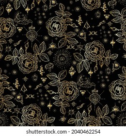 Celestial roses vector seamless pattern with gold gradient on black background