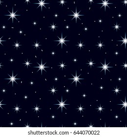 Celestial seamless background with multiple sparkling stars glittering on dark blue sky in the night.