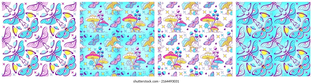 Celestial seamless backgrounds with mushrooms, moth and magic butterflies. Retro vivid wallpaper set. Backdrop for yoga, fabric design, witchcraft digital or wrapping paper