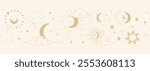 Celestial seamless border, witch spiritual decoration with asian clouds moon, sun burst and stars. line astrology pattern, minimal geometric background.