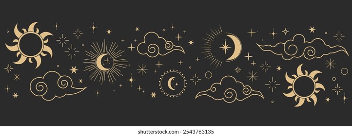 Celestial seamless border, witch spiritual decoration with asian clouds moon, sun burst and stars. line astrology pattern, minimal geometric background.